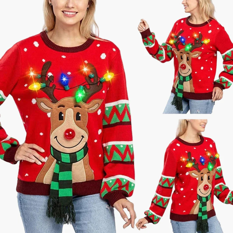 Damen Weihnachtspullover mit Rentier und LED-Lichtern – Lustiger Strickpulli für Weihnachten und Feiern