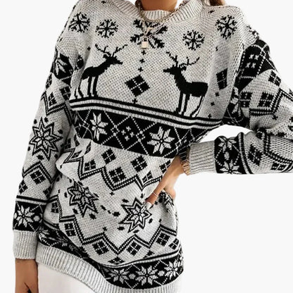 Damen Weihnachtspullover mit Rentier und Schneeflocken – Modischer Strickpullover für Winter & Festtage