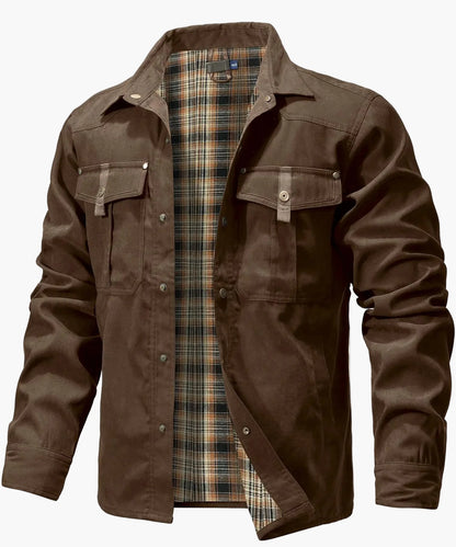 Herren Übergangsjacke mit Flanellfutter – Freizeit Overshirt im Western Cowboy Stil, Knopfleiste