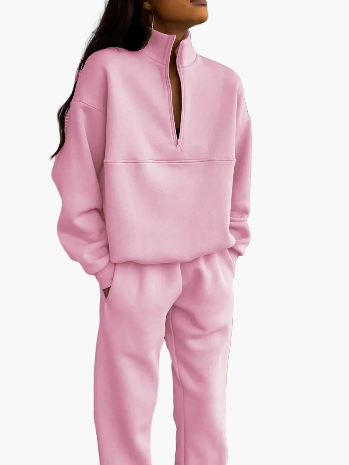 Damen Freizeit Zweiteiler Set – Bequemer Pullover mit Reißverschluss und Jogginghose, Lässiger Streetwear-Look für Alltag und Freizeit