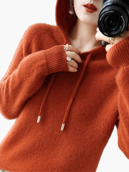 Damen Strickpullover Kapuzenpullover mit Kordelzug – Stilvoller Alltags-Hoodie für Herbst & Winter