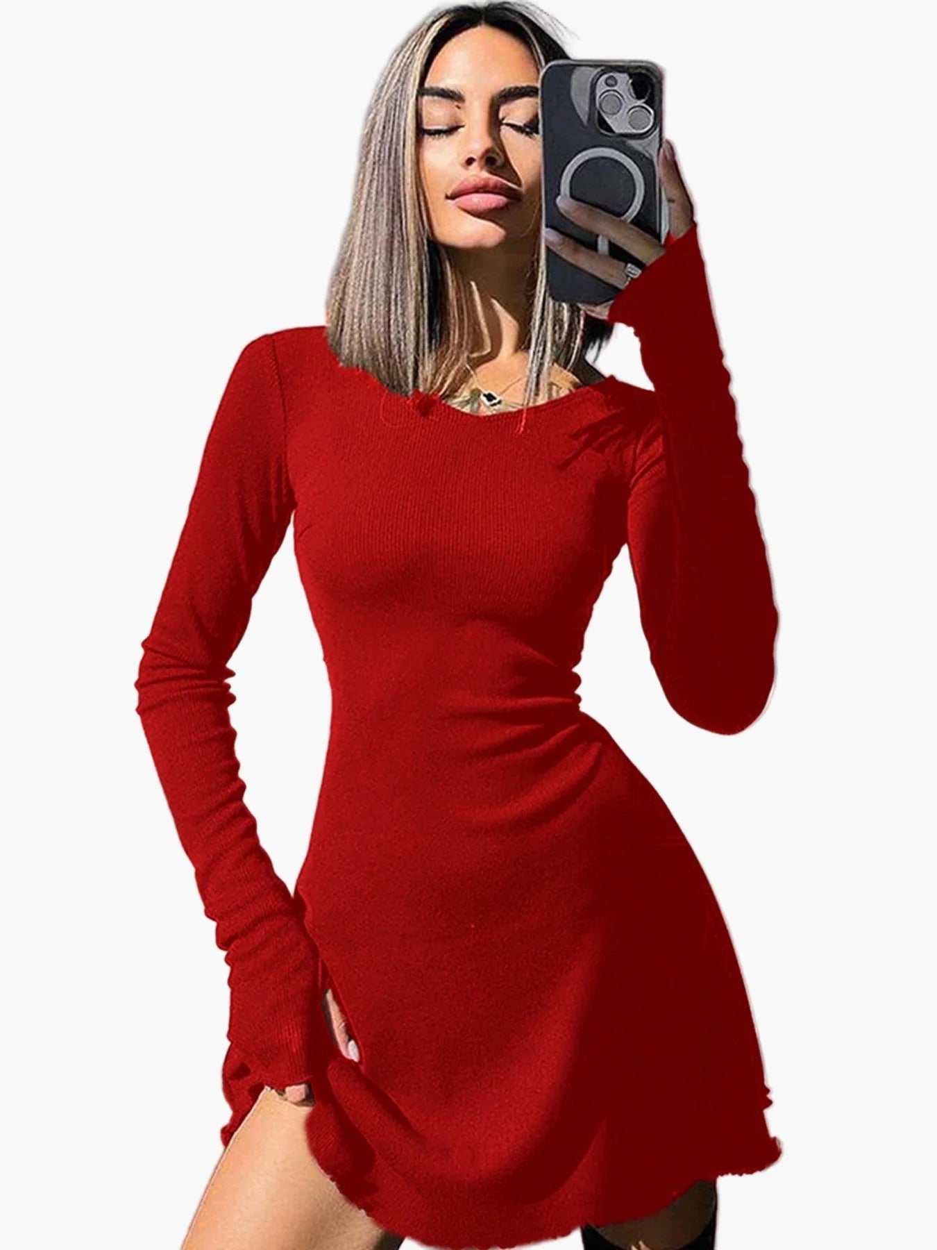 Damen Figurbetontes Stretch-Kleid mit Langarm – Elegantes Freizeit- und Ausgehkleid, Modernes Design
