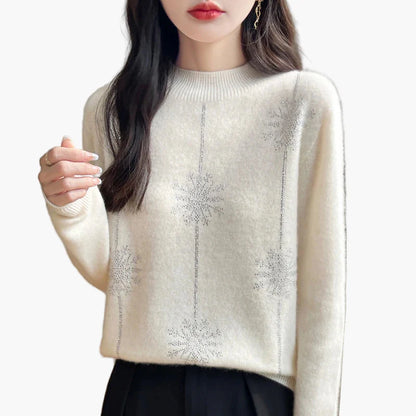 Damen Pullover mit Strass Schneeflocken Dekor – Eleganter Winter Strickpullover für Alltag und Büro