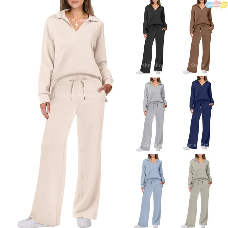 Damen Freizeit-Loungewear Set mit weitem Bein und V-Ausschnitt – Komfortabler Hausanzug