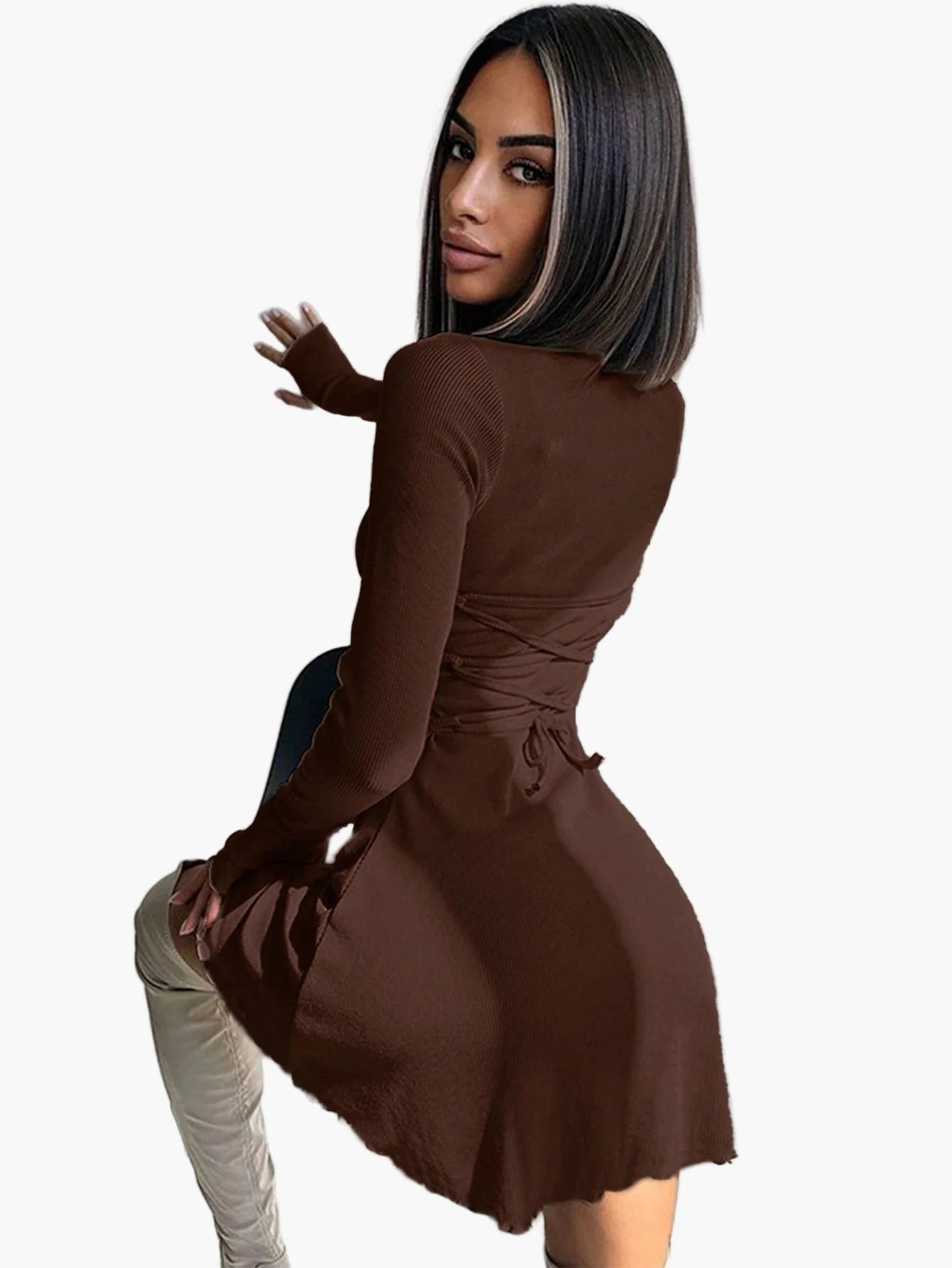 Damen Figurbetontes Stretch-Kleid mit Langarm – Elegantes Freizeit- und Ausgehkleid, Modernes Design