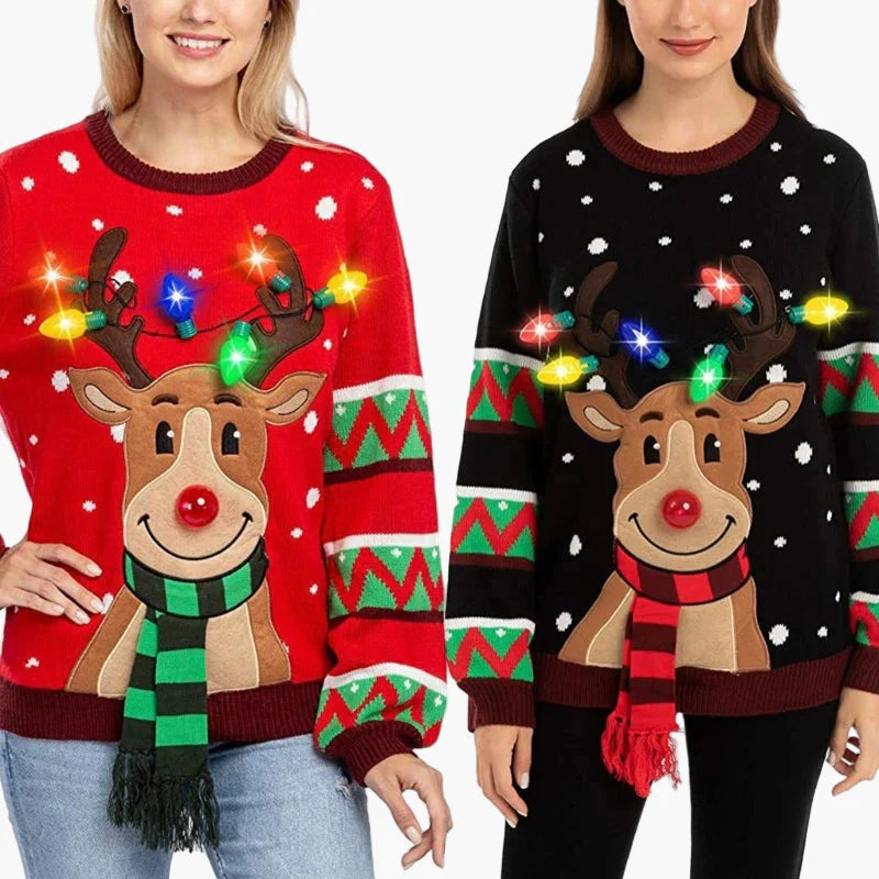 Damen Weihnachtspullover mit Rentier und LED-Lichtern – Lustiger Strickpulli für Weihnachten und Feiern