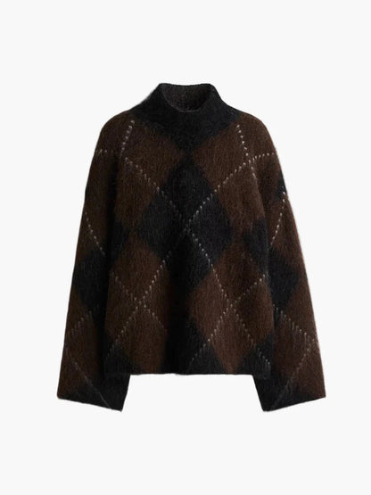 Damen Oversize Pullover im Karo-Design – Modischer Winter Strickpullover für Alltag & Freizeit