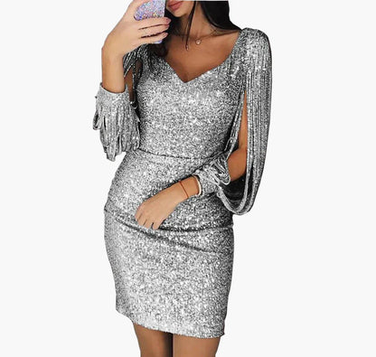 Damen Pailletten-Kleid mit Fransenärmeln – Elegantes Partykleid im Bodycon-Stil für besondere Anlässe