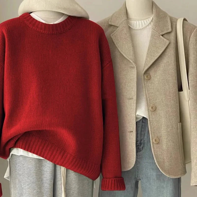 Damen Retro Strickpullover und Blazer Set – Lässiger Vintage Streetstyle für Herbst und Winter