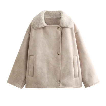 Damen Oversize Streetwear Jacke mit Teddyfutter – Modische Übergangsjacke für Alltag und Freizeit