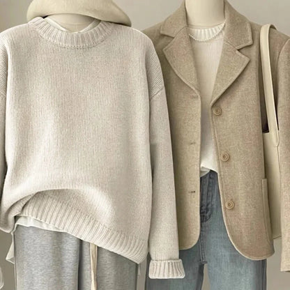 Damen Retro Strickpullover und Blazer Set – Lässiger Vintage Streetstyle für Herbst und Winter