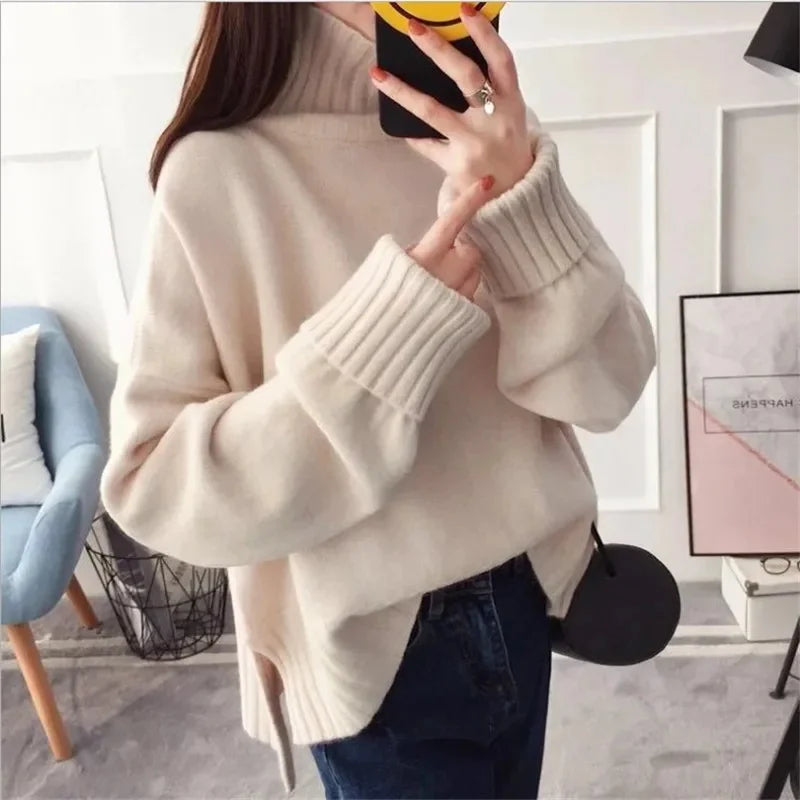 Damen Strickpullover im koreanischen Stil mit hohem Kragen – Modischer Herbst- und Winterpullover für vielseitige Outfits