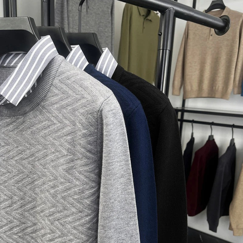 Herren Strickpullover mit gestreiftem Hemdkragen – Eleganter Business- und Freizeit-Look