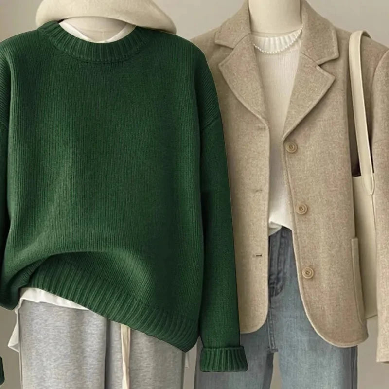 Damen Retro Strickpullover und Blazer Set – Lässiger Vintage Streetstyle für Herbst und Winter