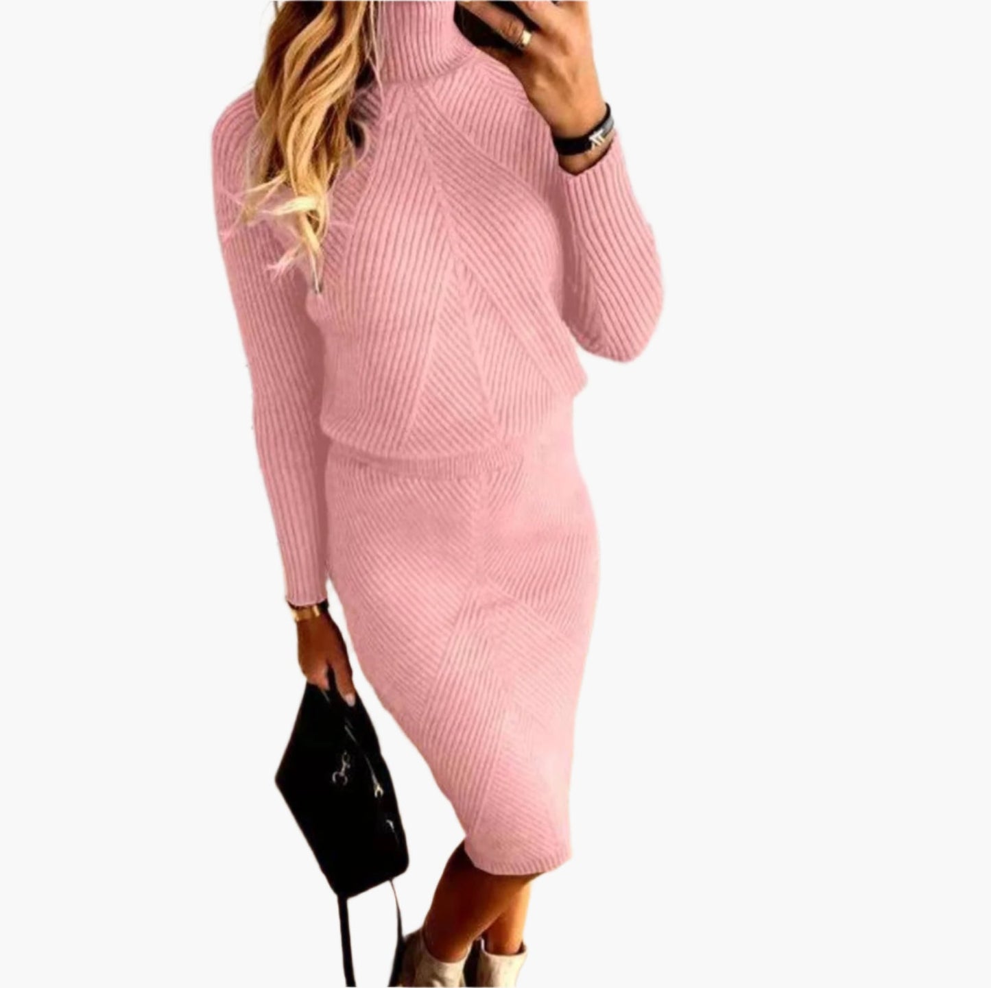 Damen Strickkleid Zweiteiler Set – Elegantes Winter Outfit mit Rollkragen, Modisch & Bequem für Alltag und Büro