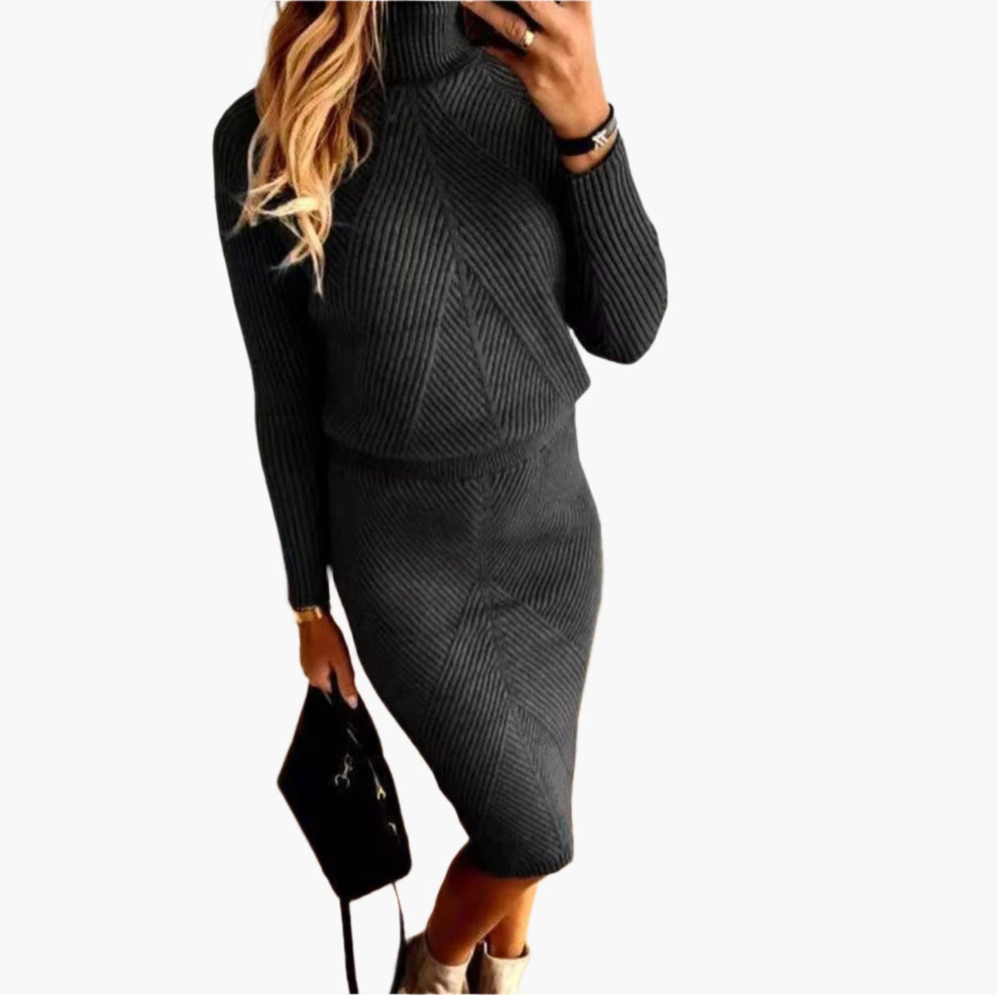 Damen Strickkleid Zweiteiler Set – Elegantes Winter Outfit mit Rollkragen, Modisch & Bequem für Alltag und Büro