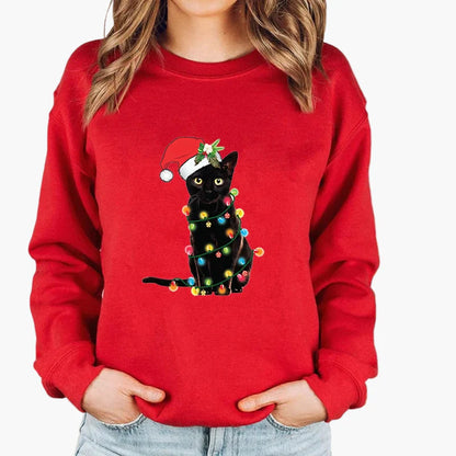 Damen Weihnachtspullover mit Katze und Lichterkette – Lustiger Winter Sweater für Alltag und Festtage