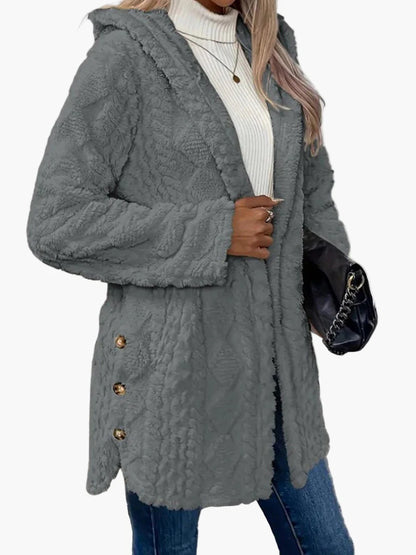 Damen Fleece Kapuzenjacke mit Knopfdetails – Kuschelige Freizeitjacke für Herbst & Winter