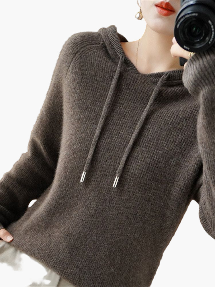 Damen Strickpullover Kapuzenpullover mit Kordelzug – Stilvoller Alltags-Hoodie für Herbst & Winter