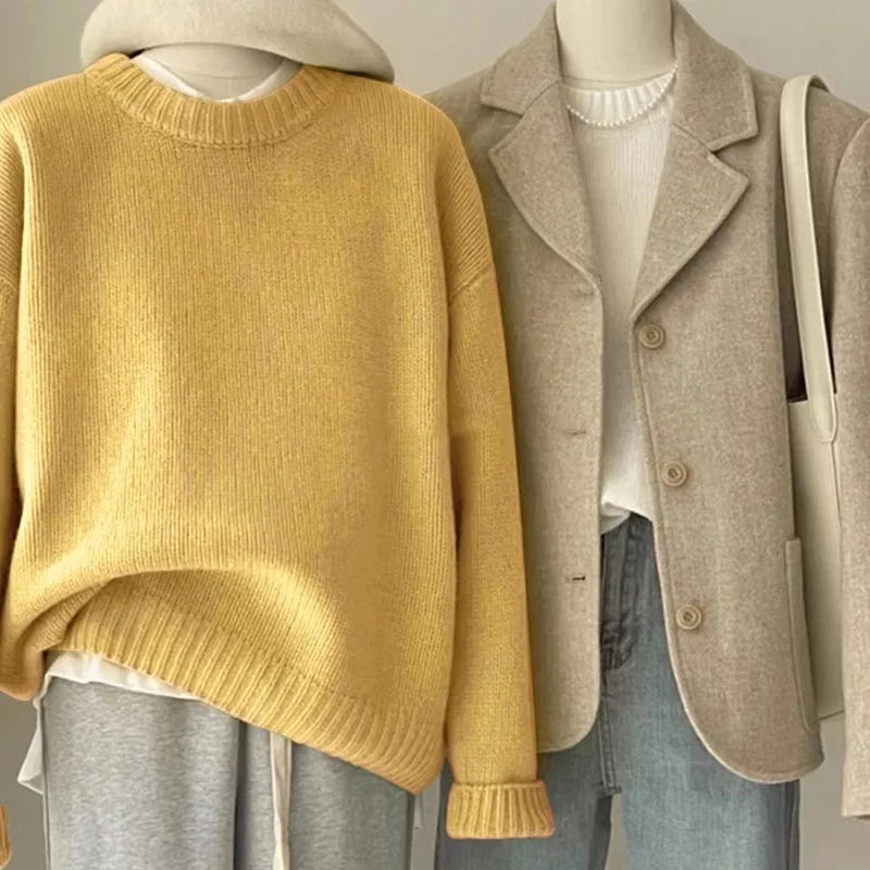 Damen Retro Strickpullover und Blazer Set – Lässiger Vintage Streetstyle für Herbst und Winter