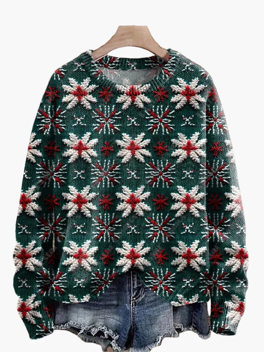 Damen Weihnachtspullover mit 3D-Stickereien – Lustiger Strickpullover im Festtagsstil