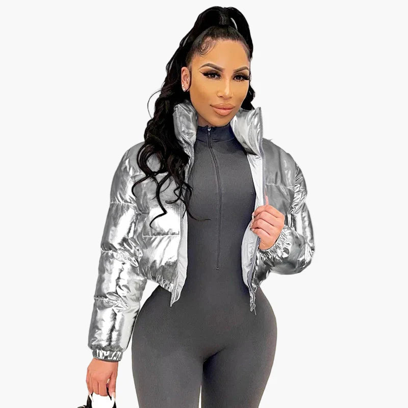 Damen Kurz Pufferjacke Streetwear Wintermode glänzend, modisch und vielseitig