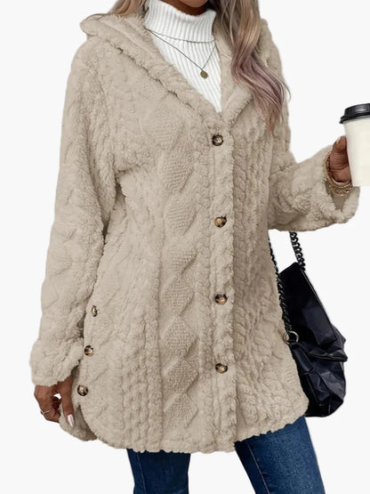 Damen Fleece Kapuzenjacke mit Knopfdetails – Kuschelige Freizeitjacke für Herbst & Winter