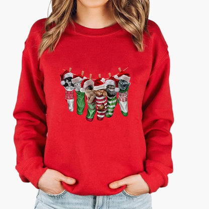 Damen Weihnachtspullover mit Katze und Lichterkette – Lustiger Winter Sweater für Alltag und Festtage