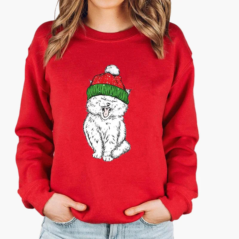 Damen Weihnachtspullover mit Katze und Lichterkette – Lustiger Winter Sweater für Alltag und Festtage