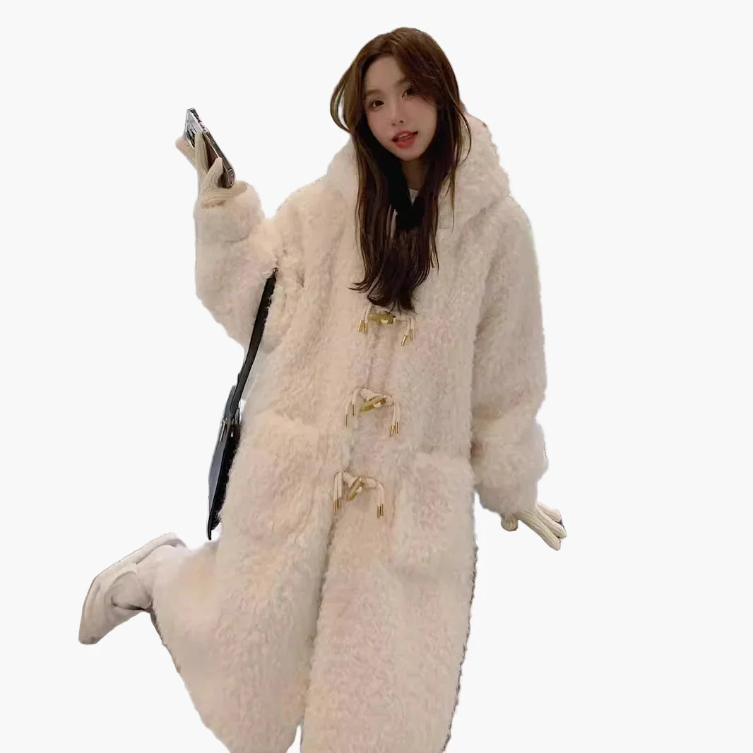 Damen Kuscheliger Oversize Teddy Dufflecoat für Winter – Modischer Langer Mantel mit Raglanärmeln