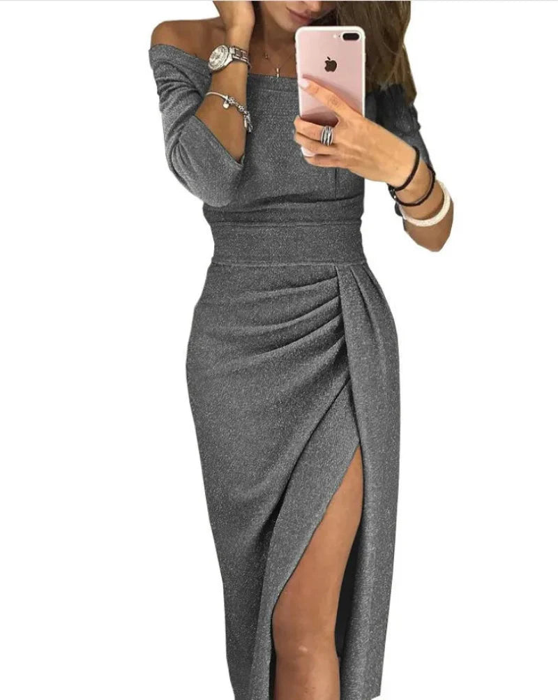 Damen Off-Shoulder Elegantes Abendkleid mit Schlitz – Perfekt für Feste & Partys