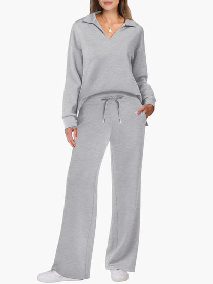 Damen Freizeit-Loungewear Set mit weitem Bein und V-Ausschnitt – Komfortabler Hausanzug