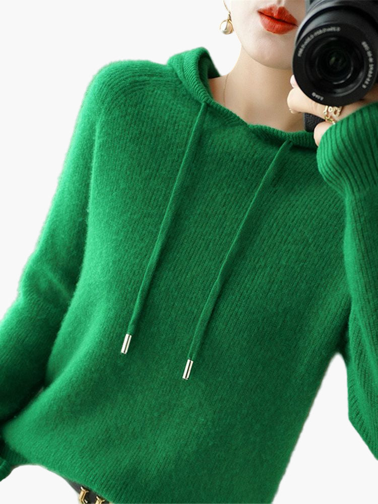 Damen Strickpullover Kapuzenpullover mit Kordelzug – Stilvoller Alltags-Hoodie für Herbst & Winter