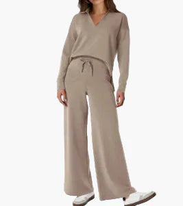 Damen Freizeit-Loungewear Set mit weitem Bein und V-Ausschnitt – Komfortabler Hausanzug