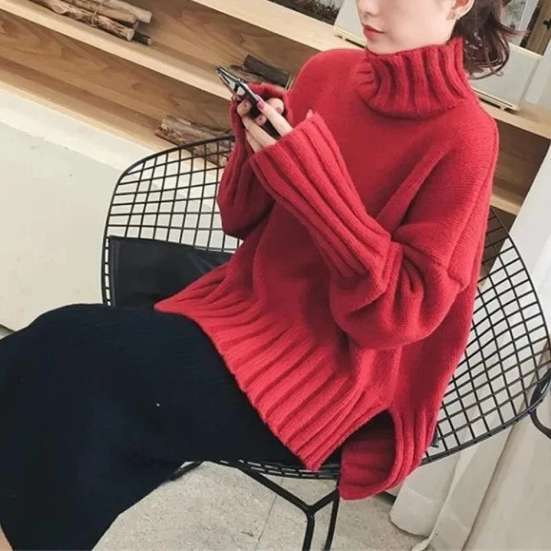 Damen Strickpullover im koreanischen Stil mit hohem Kragen – Modischer Herbst- und Winterpullover für vielseitige Outfits