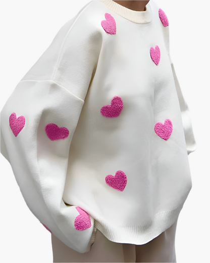 Damen Oversized Sweater mit Herz-Print – Bequemer Lounge-Pullover für Zuhause & Freizeit