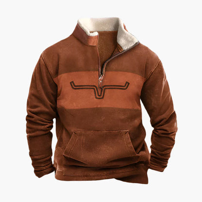 Herren Vintage Ethno-Pullover mit Zip-Kragen – Warmer Freizeit-Sweater mit Musterärmeln