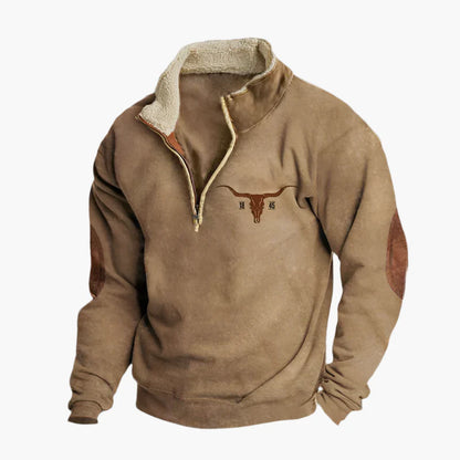 Herren Vintage Ethno-Pullover mit Zip-Kragen – Warmer Freizeit-Sweater mit Musterärmeln