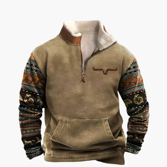 Herren Vintage Ethno-Pullover mit Zip-Kragen – Warmer Freizeit-Sweater mit Musterärmeln