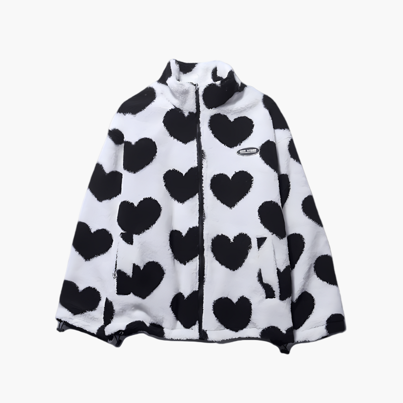 Damen Wendbare Fleecejacke im Streetwear-Stil mit Herzmuster – Kuschelige Übergangsjacke für Alltag und Freizeit