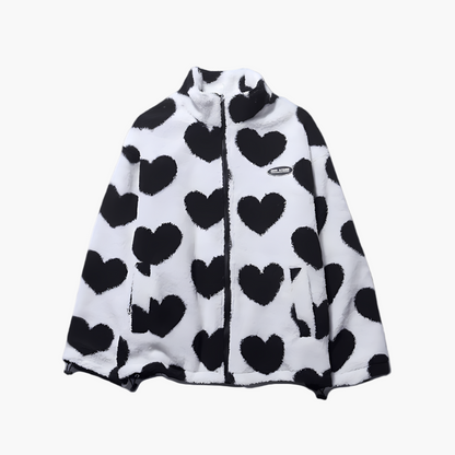 Damen Wendbare Fleecejacke im Streetwear-Stil mit Herzmuster – Kuschelige Übergangsjacke für Alltag und Freizeit