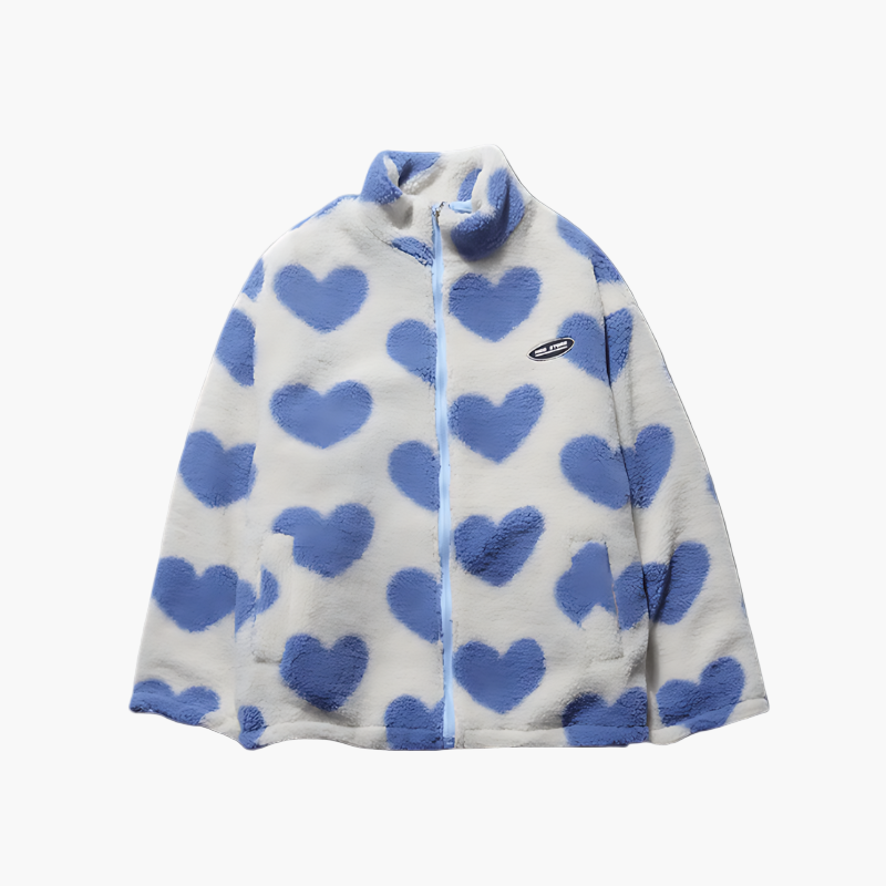 Damen Wendbare Fleecejacke im Streetwear-Stil mit Herzmuster – Kuschelige Übergangsjacke für Alltag und Freizeit