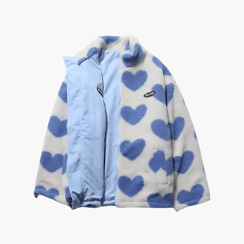 Damen Wendbare Fleecejacke im Streetwear-Stil mit Herzmuster – Kuschelige Übergangsjacke für Alltag und Freizeit