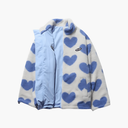 Damen Wendbare Fleecejacke im Streetwear-Stil mit Herzmuster – Kuschelige Übergangsjacke für Alltag und Freizeit