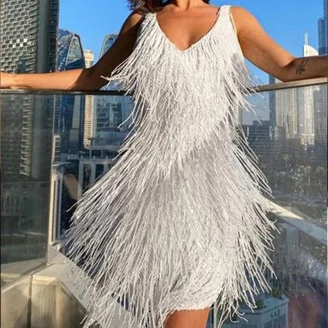 Damen Partykleid mit Fransen und V-Ausschnitt – Stilvoller Auftritt für besondere Anlässe