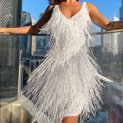 Damen Partykleid mit Fransen und V-Ausschnitt – Stilvoller Auftritt für besondere Anlässe