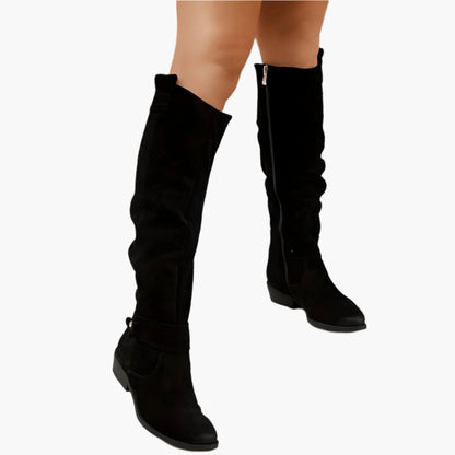 Damen Langschaft-Stiefel mit niedrigem Blockabsatz – City-Boot mit Reißverschluss & Zierschnalle