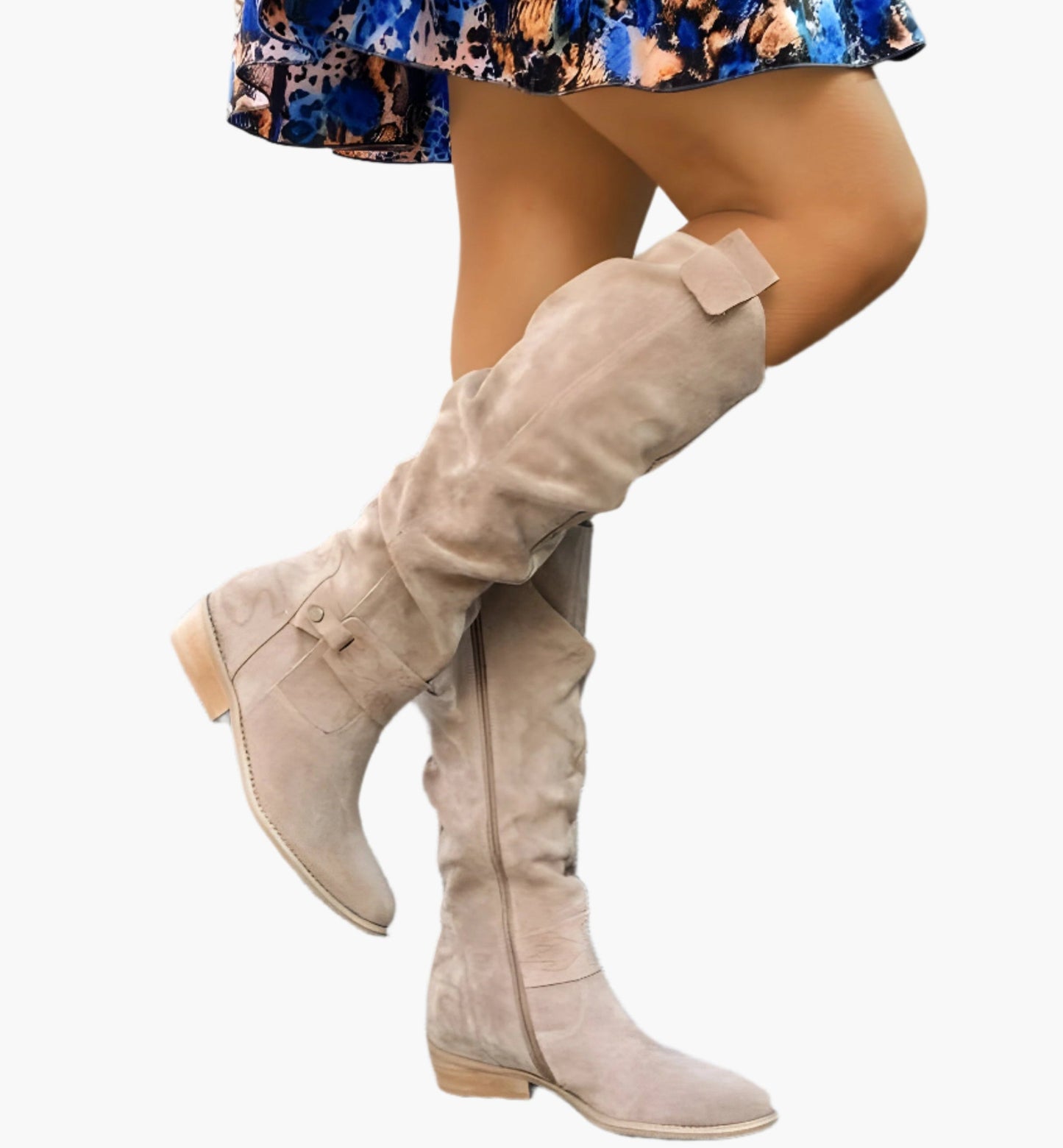 Damen Langschaft-Stiefel mit niedrigem Blockabsatz – City-Boot mit Reißverschluss & Zierschnalle