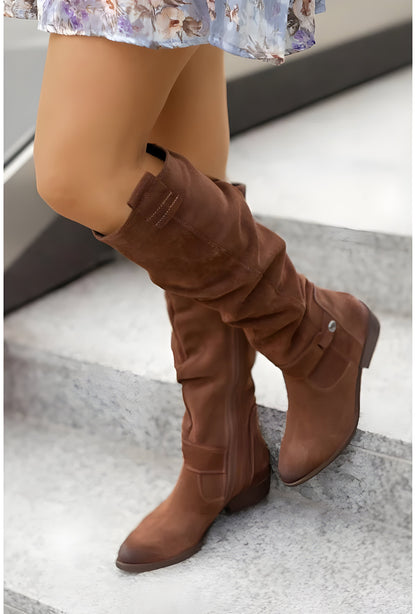 Damen Langschaft-Stiefel mit niedrigem Blockabsatz – City-Boot mit Reißverschluss & Zierschnalle