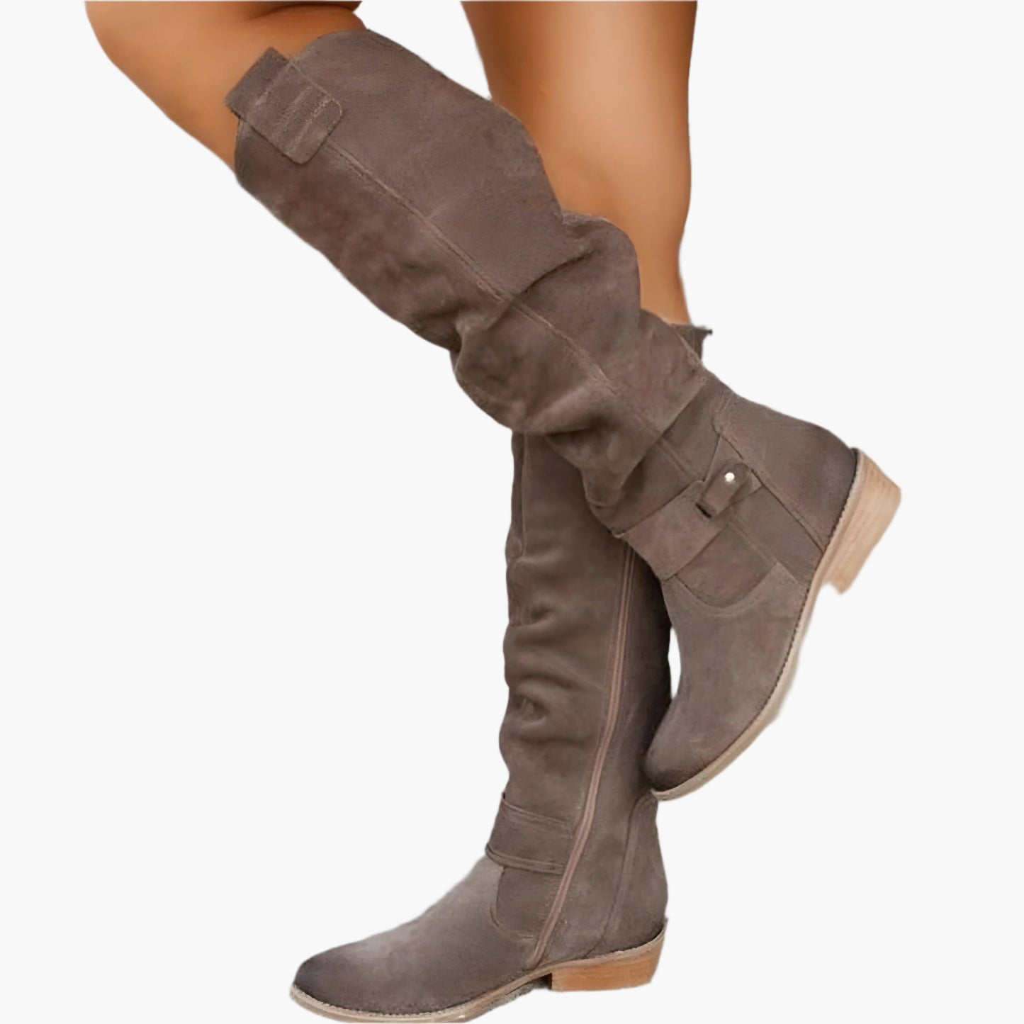 Damen Langschaft-Stiefel mit niedrigem Blockabsatz – City-Boot mit Reißverschluss & Zierschnalle